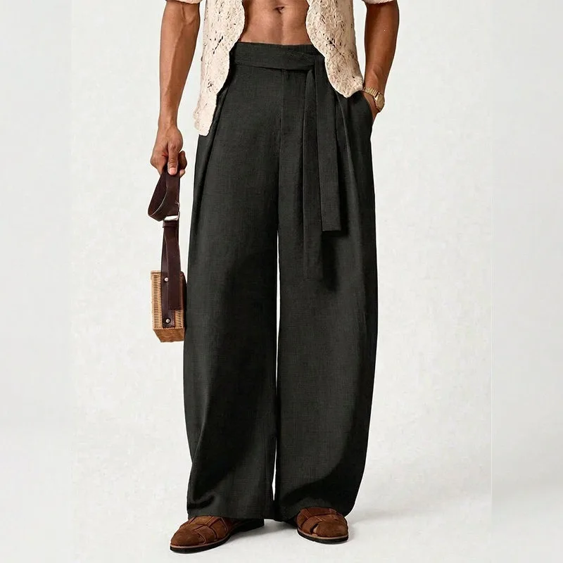 KIDWHXR Herrenhose, locker geschnitten, mittelhoher Bund, atmungsaktiv, Vintage-Plisseehose, gerade geschnitten, mit Kordelzug, Business Casual Herrenhose – Detail 5