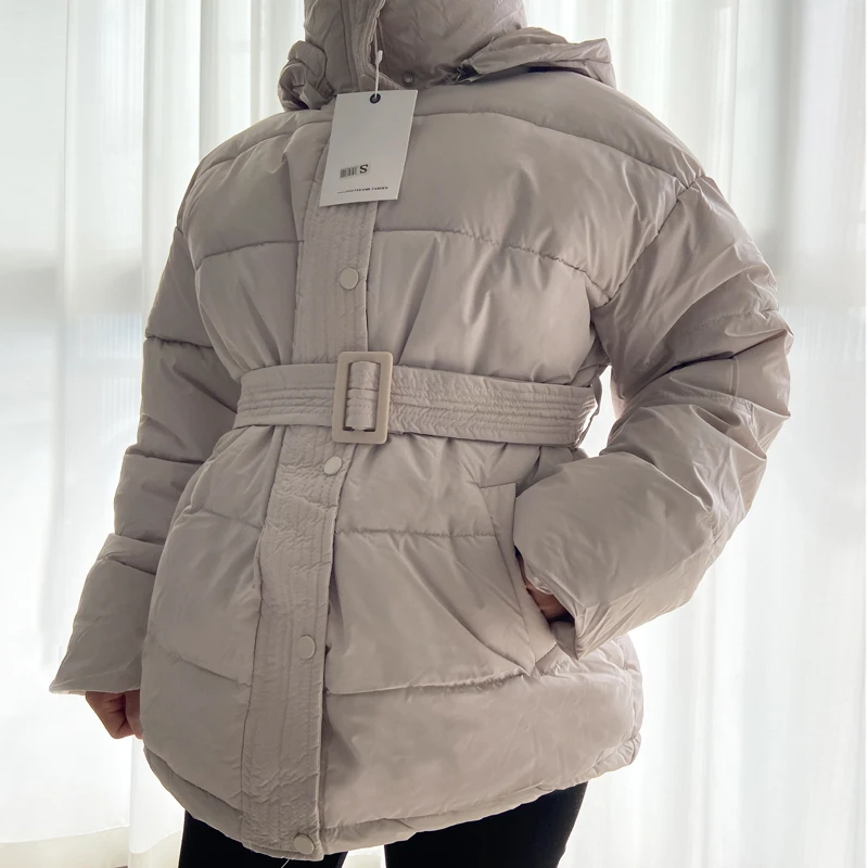 ZAROY Women Winter Hooded Cotton Padded Jackets With Belt Solid Fashion Female Thicken Windproof Puffer Coat Loose Snow Overcoat