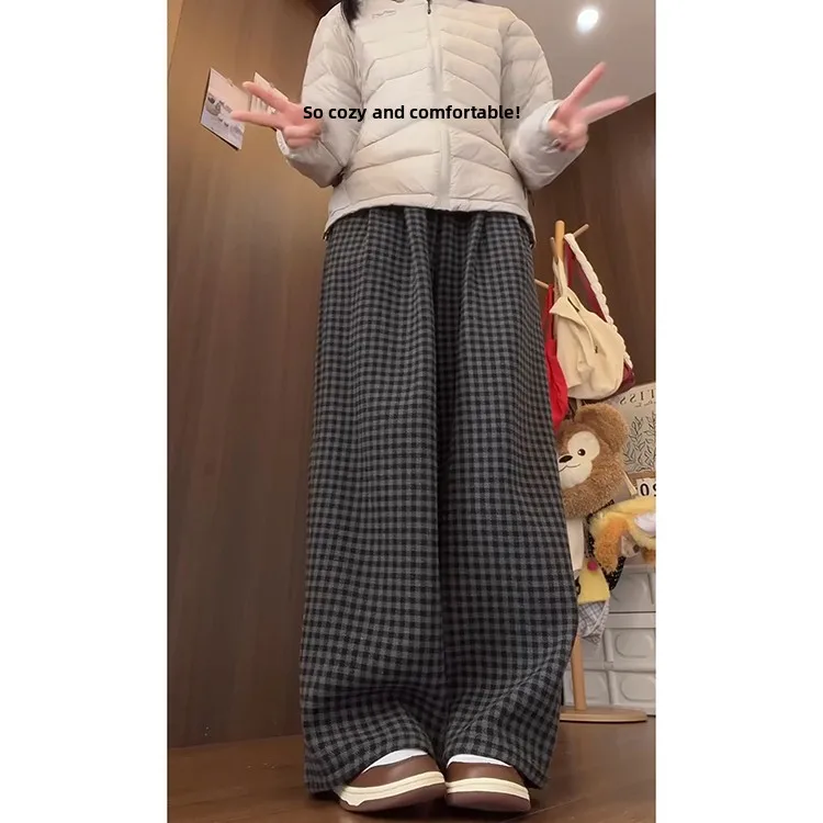 Plones Anchos de Terciopelo ueso a Cuadros Retro ises para Mujer, Estilo Coreano, Cintura Alta, Corte Recto, Fibra de...