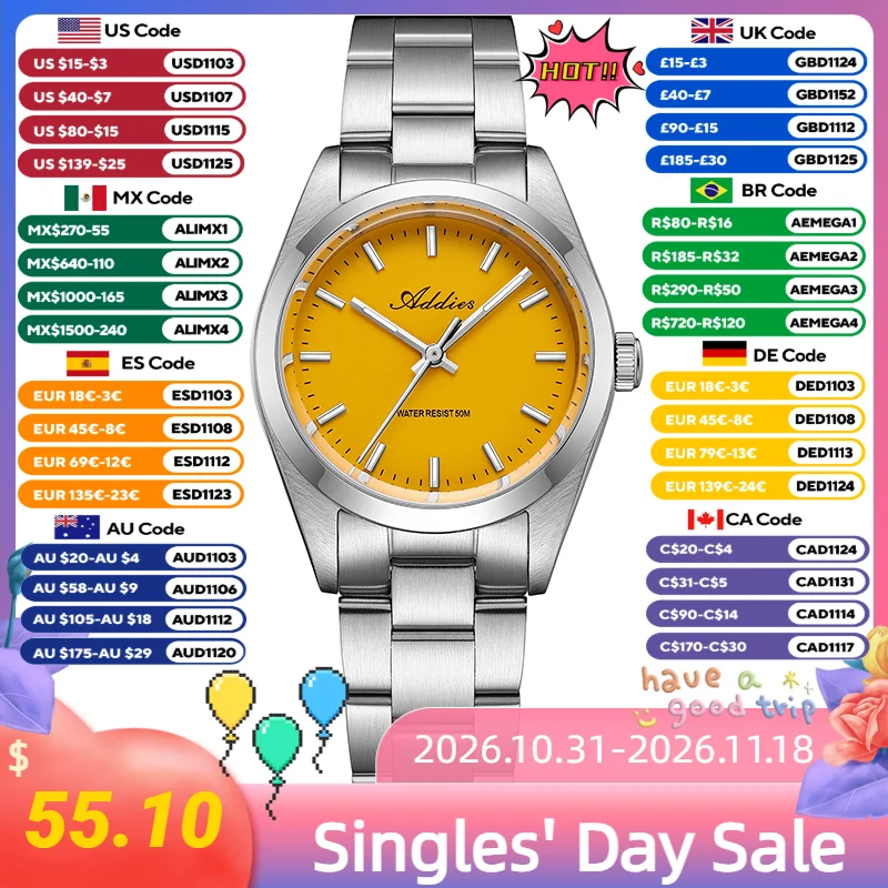 ADDIES 31MM Women's Quartz Watch Elegant 2035 Sapphire Glass Lady Wristwatches BGW9 Super Luminous 316L Stainless Steel Watches