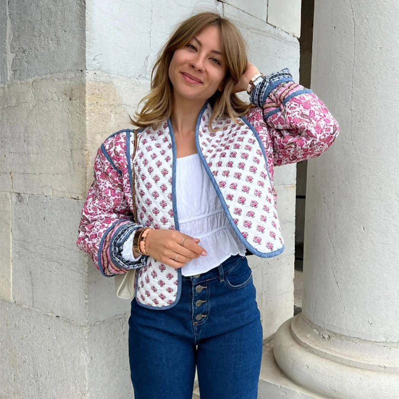 

Women's Cotton Coat Printed Flower Quilted Reversible Long Sleeve Open Front Two In One Jackets Autumn Vintage Street Outerwear
