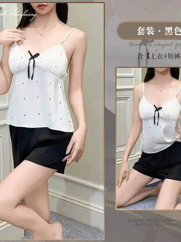 أنيقة الشاش الصيف الساتان المرأة Homewear مجموعة مع منصات الصدر قطعتين ملابس خاصة مع البولكا نقطة طباعة السراويل مجموعات عادية 4GV3 #6