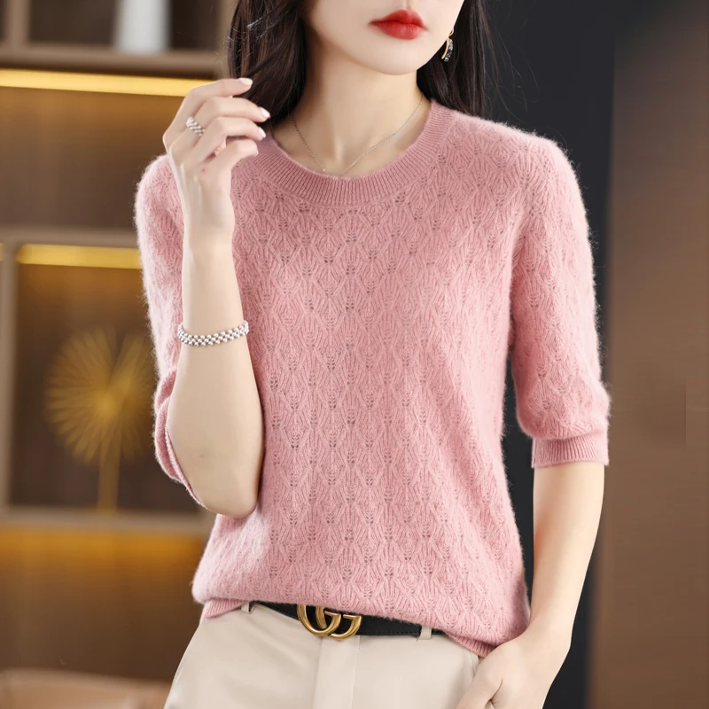 Spring Autumn Women 100% Merino Wool Seamless Sweater Half Sleeve O-neck  Hollow Out Pullover Casual Knit Soft Bottoming Top