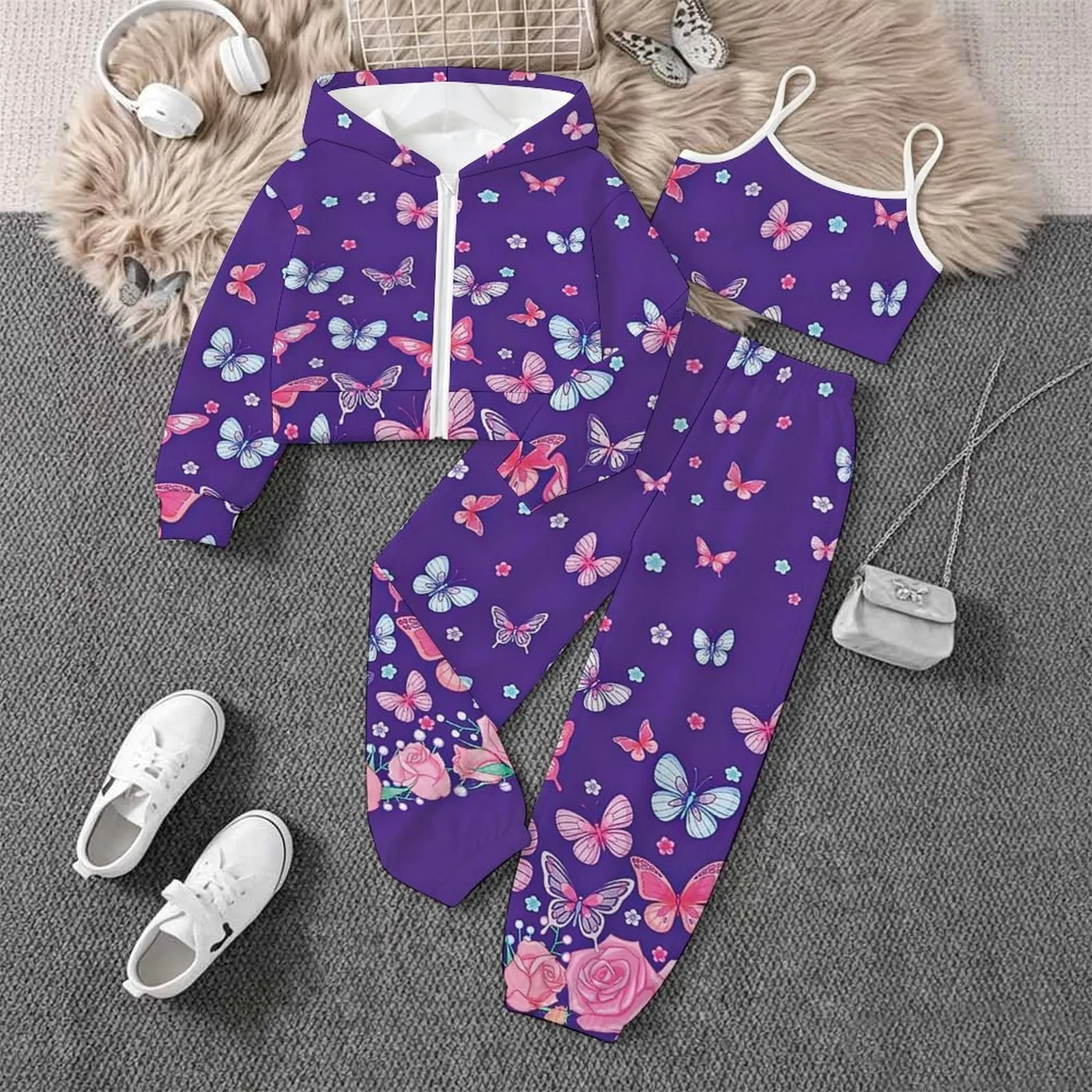 3pcs Autumn Girls Casual Set Fashion Print Jogger Pants Kids Zip Tops Three-piece Suit Children's Long Sleeve Coat