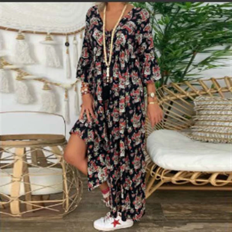 2024 Summer Half Sleeve Evening Boho Dresses Floral Printing Long Dress for Women Clothing Large Size 4XL 5XL Vintage Streetwear