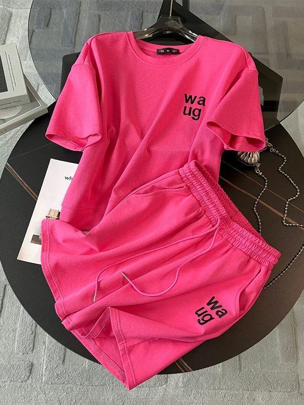 

Fashionable Streetwear Sportswear Set Women's Short Sleeve T-Shirt Shorts Two-Piece Set Youthful Pink Casual Sportswear