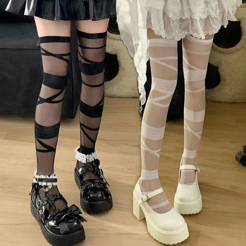 

Y2K Bandage Thigh High Stockings Women Girls Japanese Lolita Ultra-thin Nylon Long Socks Kawaii Cute Over Knee High Stockings