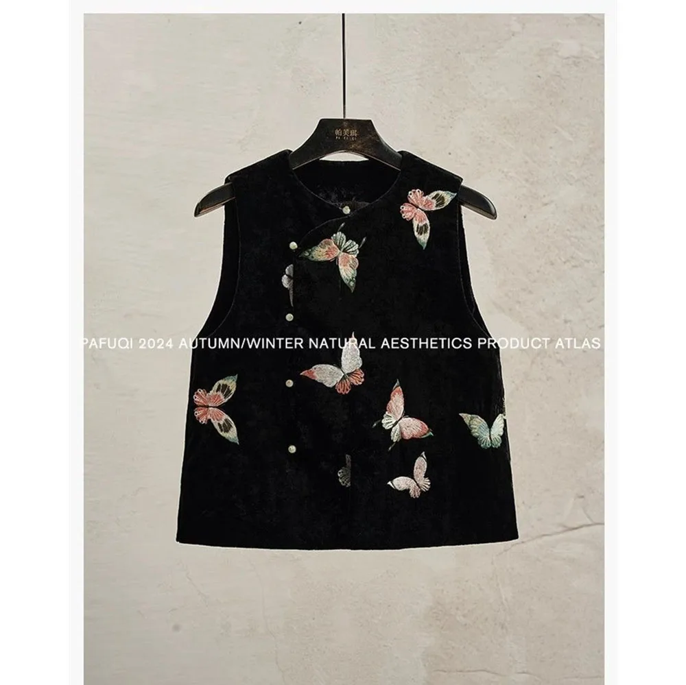 

Women's Vest New Chinese Style Vest Black Velvet Round Neck Butterfly Embroidered top Vest Light National Style Women's Dress