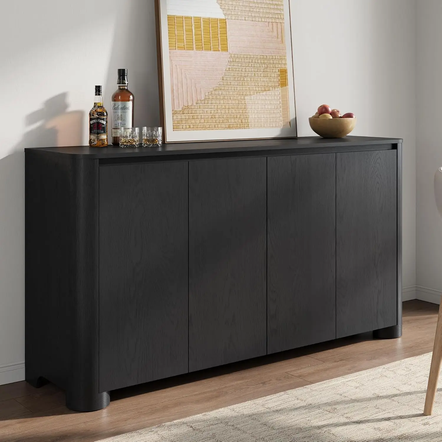 

Modern Buffet Cabinet with Storage, 59" Sideboard Buffet Cabinet with 4 Doors, Unique Thickened Foot, Rounded, Customized