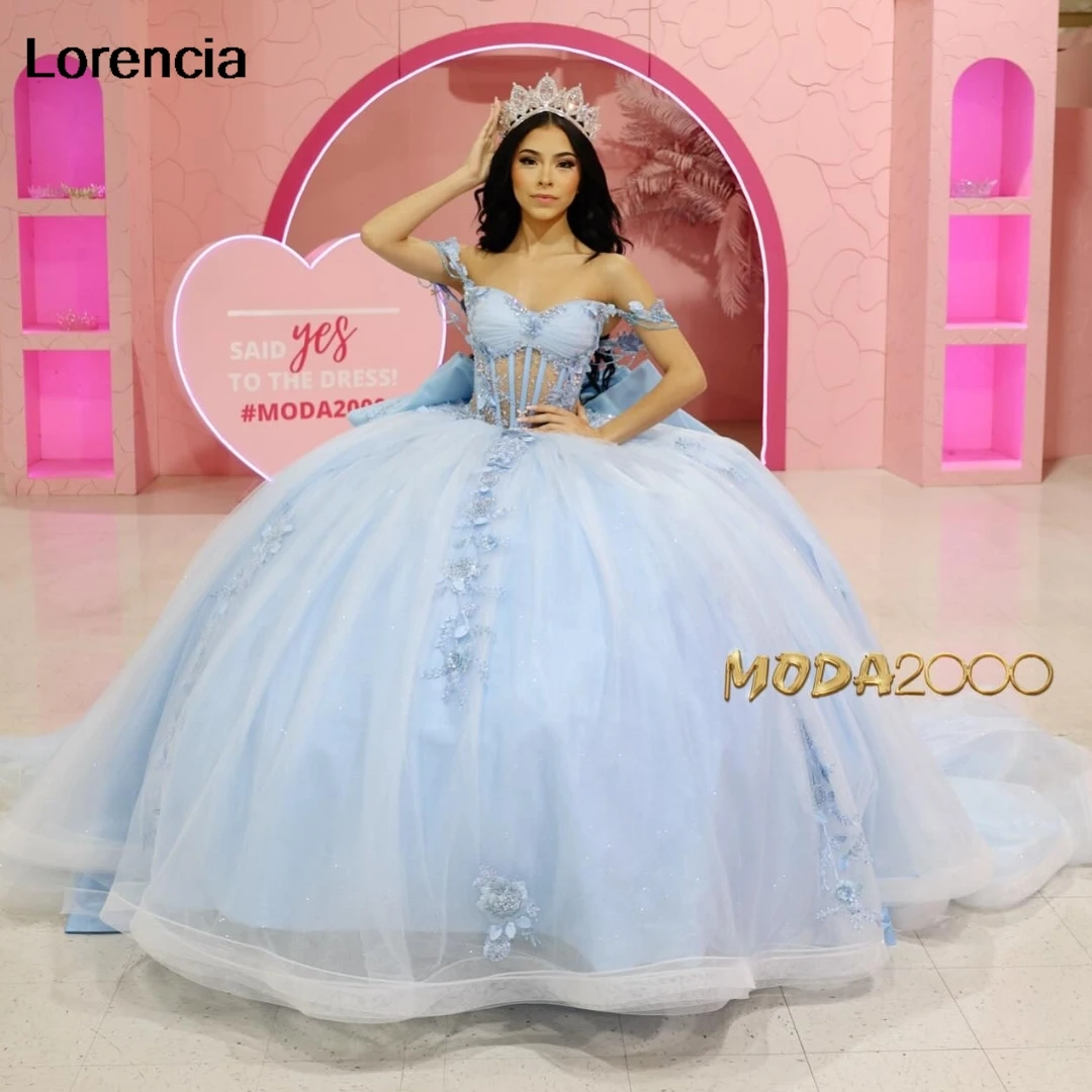 

Lorencia Mexican Blue Quinceanera Dress Ball Gown Lace Applique Beading With Bow Corset Sweet 16 Vestidos De 15 Años YQD890