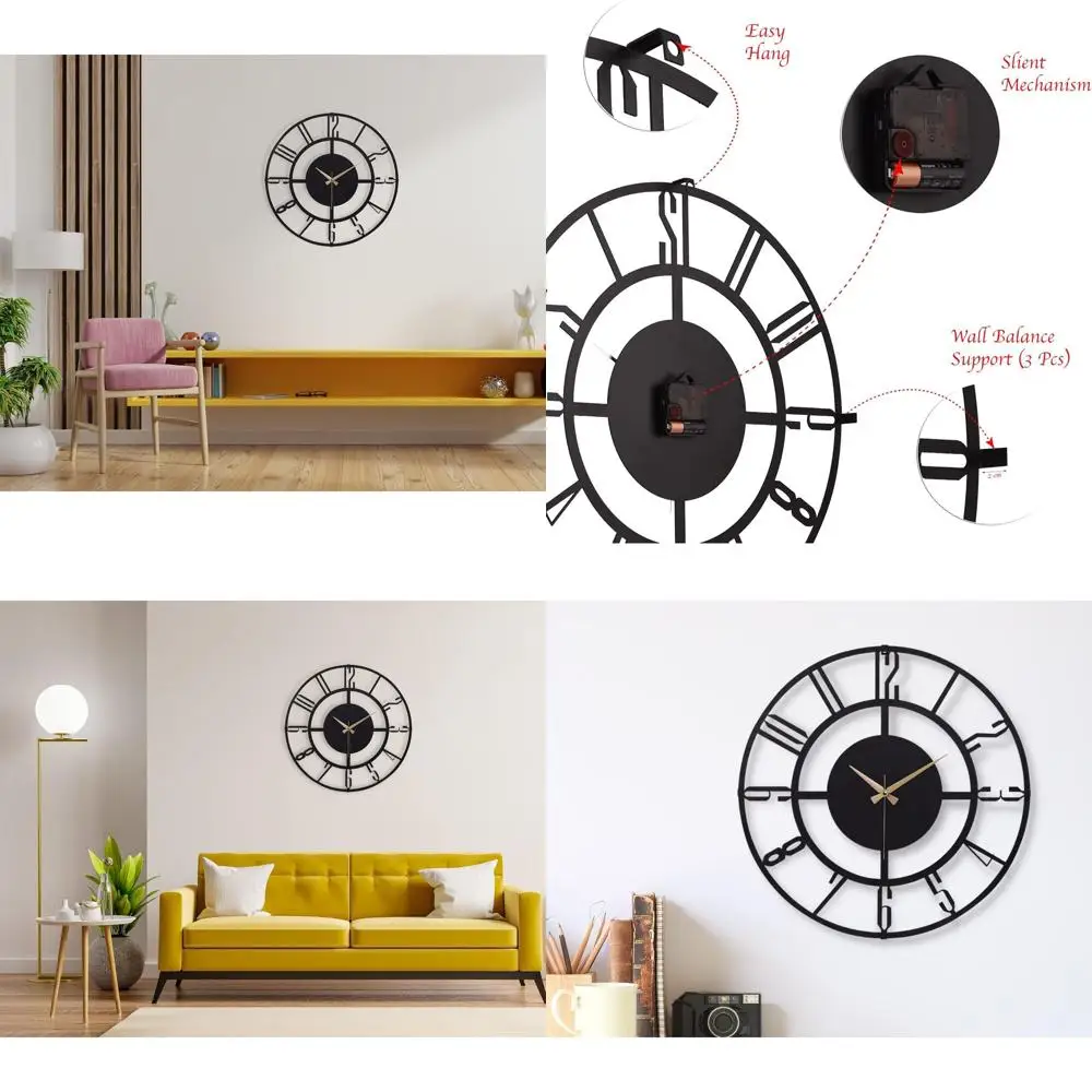

20 Silent Battery-Powered Metal Wall Clock | Sleek Black Analog Timepiece for Home & Office