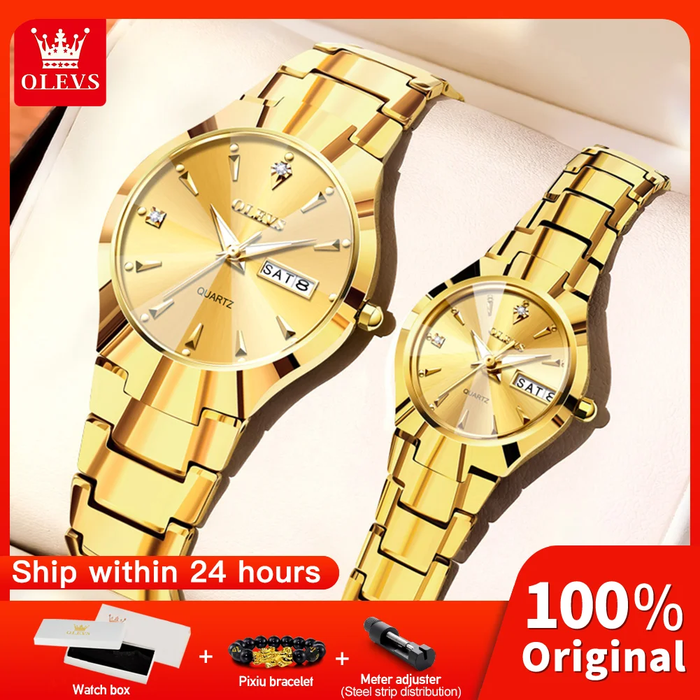 OLEVS 8697 ساعات الزوجين الفاخرة الأصلية أزياء العلامة التجارية للماء مضيئة ساعة كوارتز رجل وامرأة الساعات التقويم المزدوج