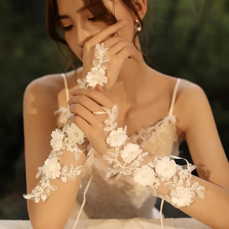 Guantes De novia cortos De encaje blanco sin dedos flores hechas a mano accesorios De boda Veu De Noiva