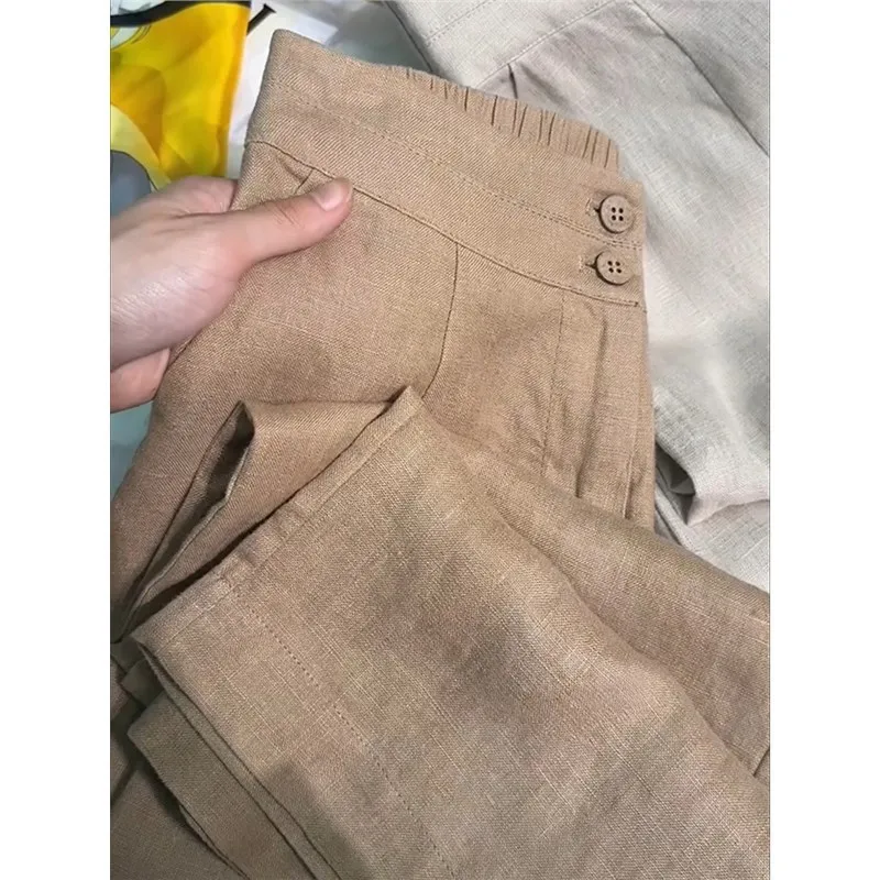 High-end Khaki Ramie Linen Wide Leg Pants Cotton Hemp Elastic High Waist Loose Casual Ankle-length Pants