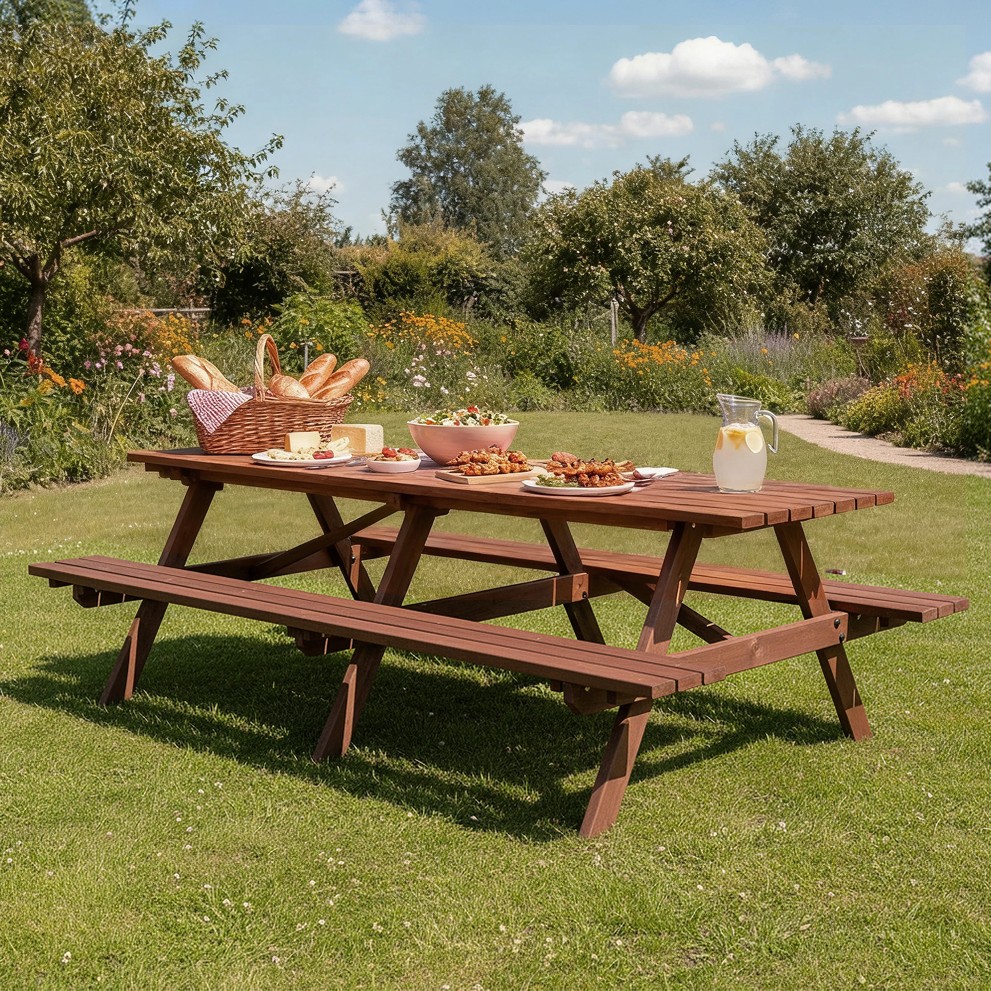 Mesa de picnic grande de madera para 12 personas al aire libre, resistente a la intemperie con orificio para sombrilla, ideal para barbacoa y reuniones