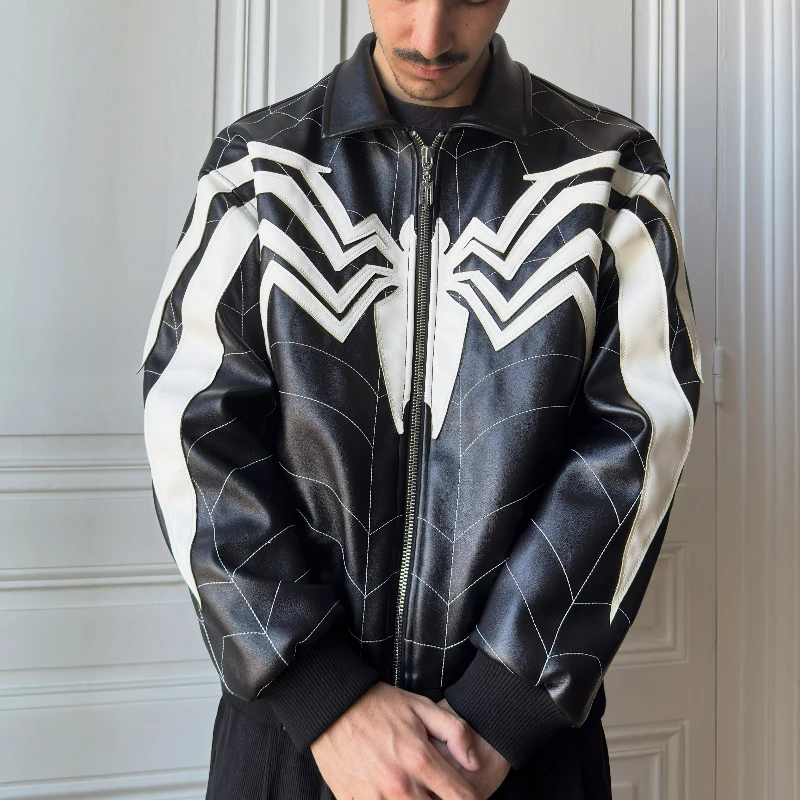 Y2k Men Retro Origin Leather Jacket Gothic Spiderweb Patchwork Embroidery Coat Harajuku Hip Hop Streetwear Unisex Boxy Jacket