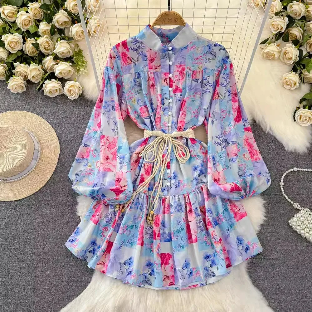 

2024 New Spring Summer Flower Print Women Stand Collar Lantern Sleeve Belt Single Breasted Casual Holiday Beach Dresses