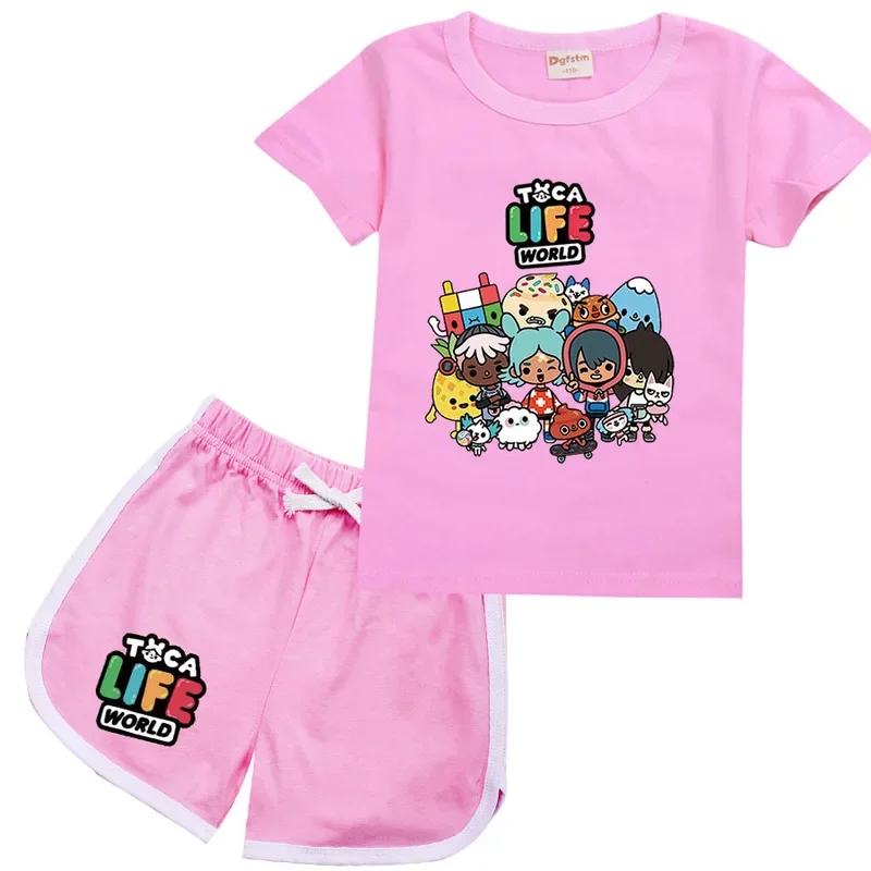 Toca-manga curta camiseta e shorts para meninas e menino, conjunto de pijamas de algodão, casual, sportswear, jogo, verão