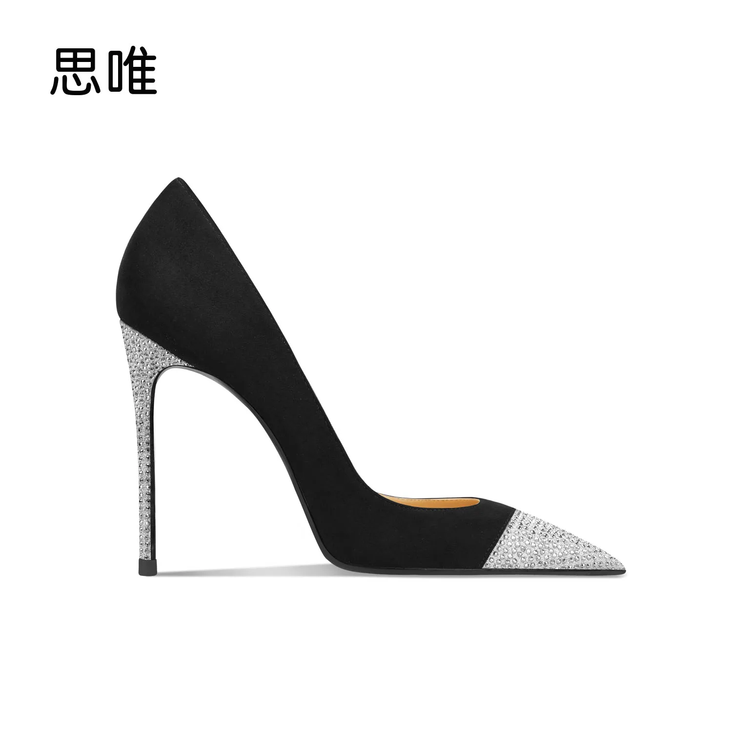 Genuine Leather Heels For Women 2024 Luxury Autumn High Heels Shoes Rhinestone Pumps Black Suede Pointed Toe Sexy Party Ladies