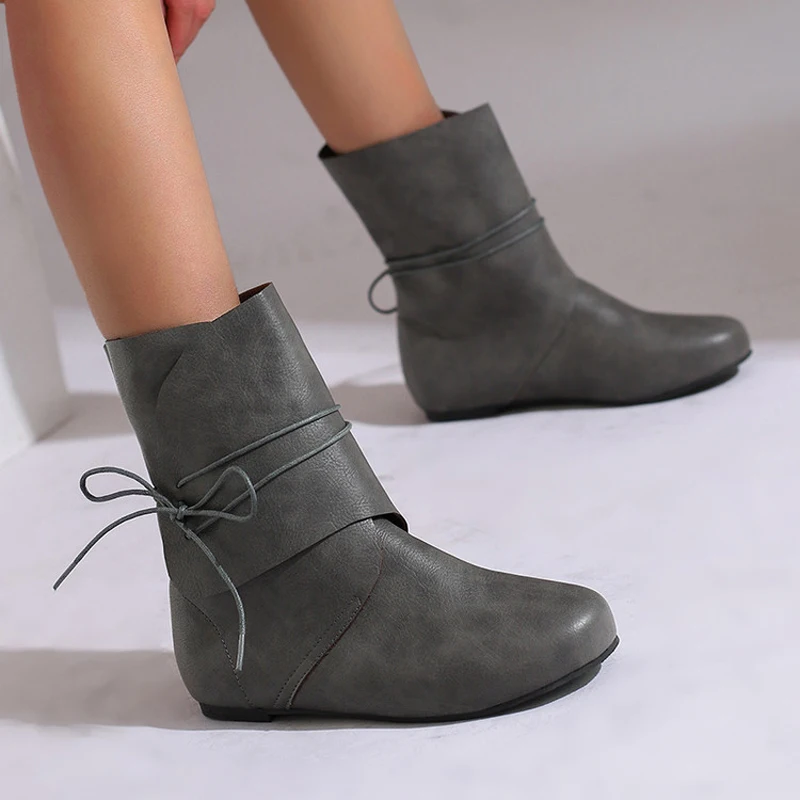 Mid-calf Boots Bandage Riding Botas Mujer Festival Cosplay Shoes Women Medieval Renaissance Boots Soft Leather Flat Heel WSH5827