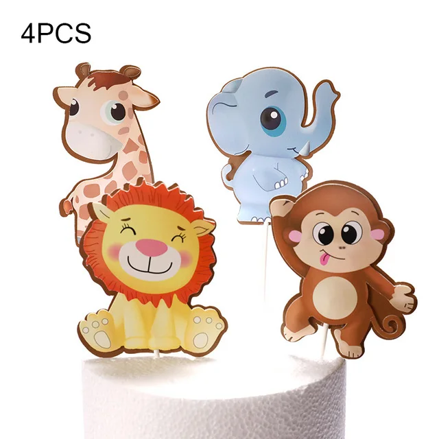 New Theme Animals Happy Birthday Cake Topper Cartoon Giraffe Swan Dogs Cats Cake Topper for Baby Birthday Party Cake Decorations