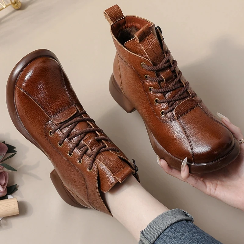 Winter Women Ankle Boots Large Size Dropshipping Non-slip Female Snow Boots Genuine Leather Retro Youth Warm Thick Sole Shoes