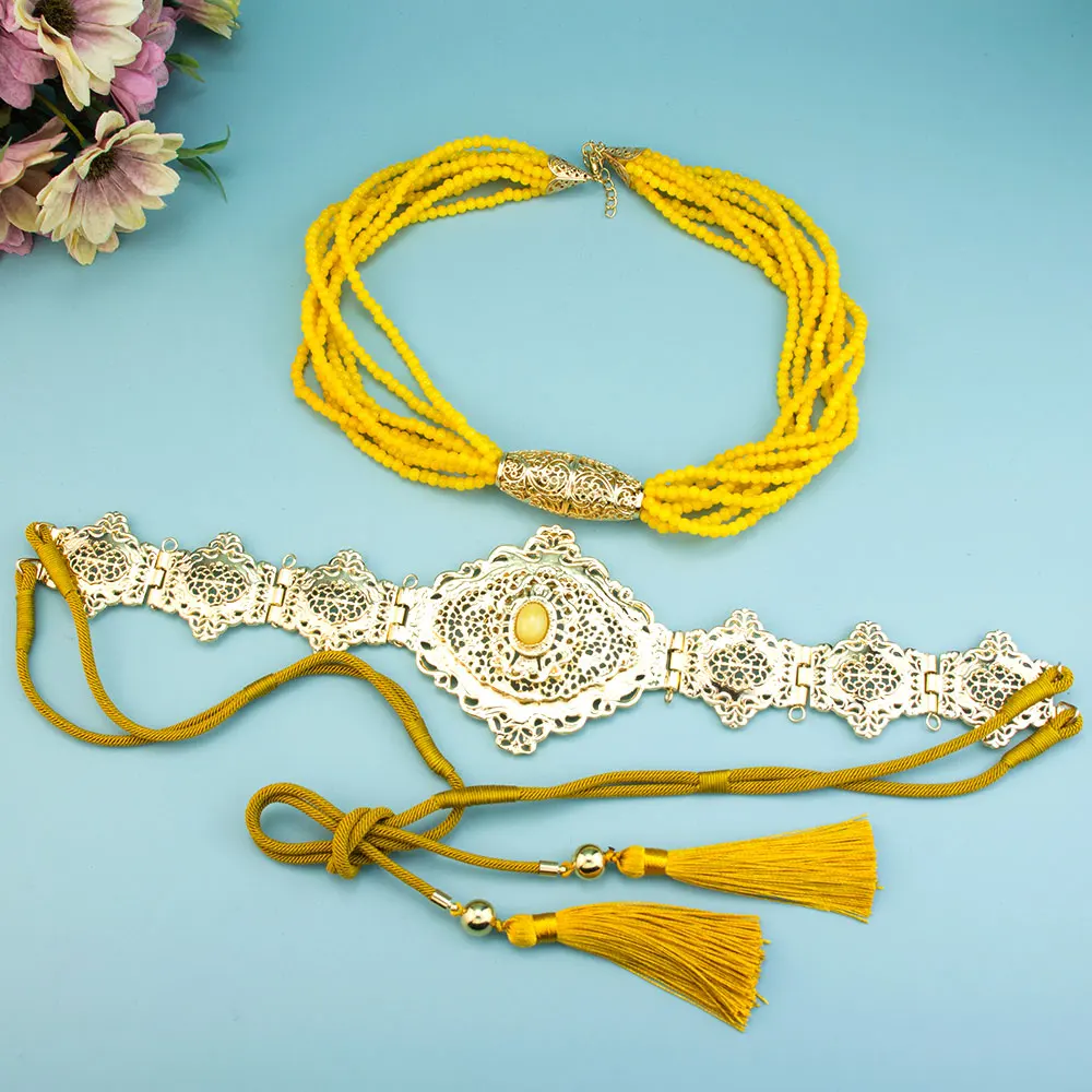 Neovisson Morocco Unique Yellow Jade Color Arabic Bride Jewelry Set Handmad Rope Belt Tassels Chain Long Beads Chain Necklace