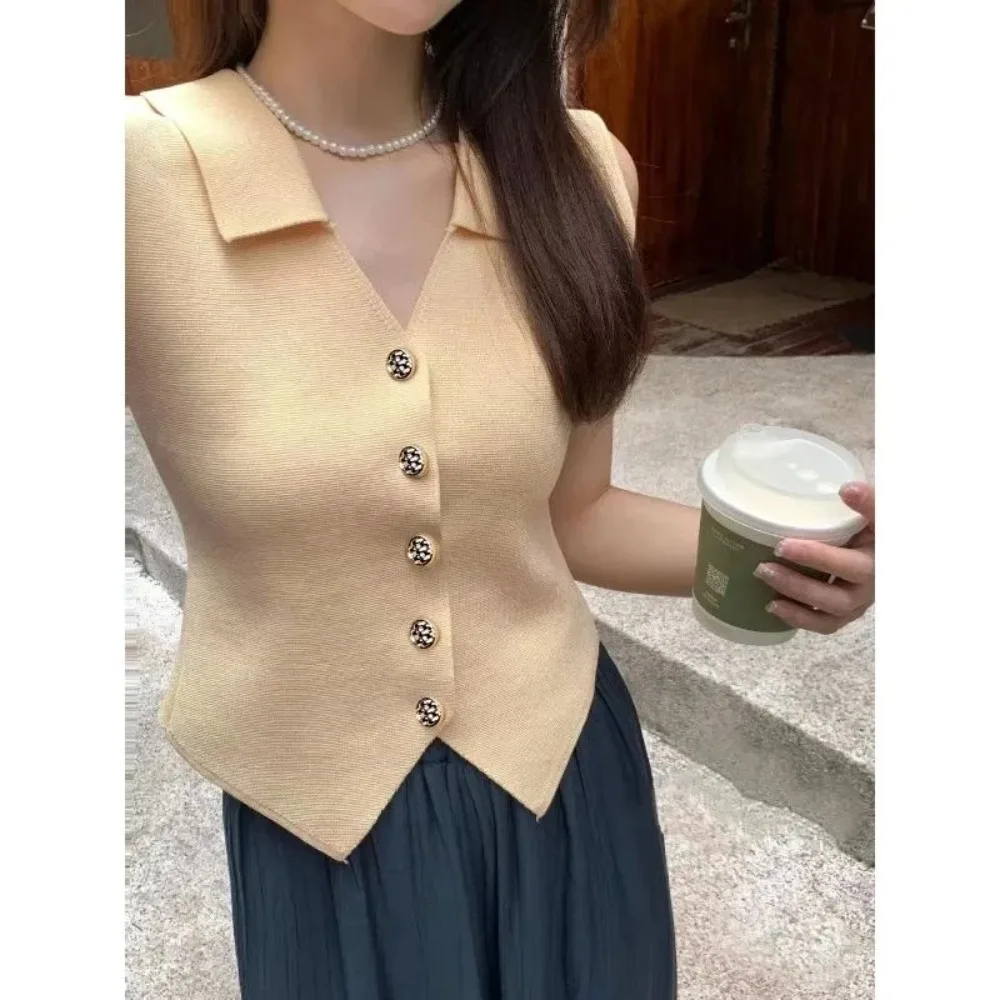 Chic Vests Elegant Waistcoat V-neck Top Casual Suit Coats Outwear Sleeveless Slim Knitted Vest All-match Streetwear For Women