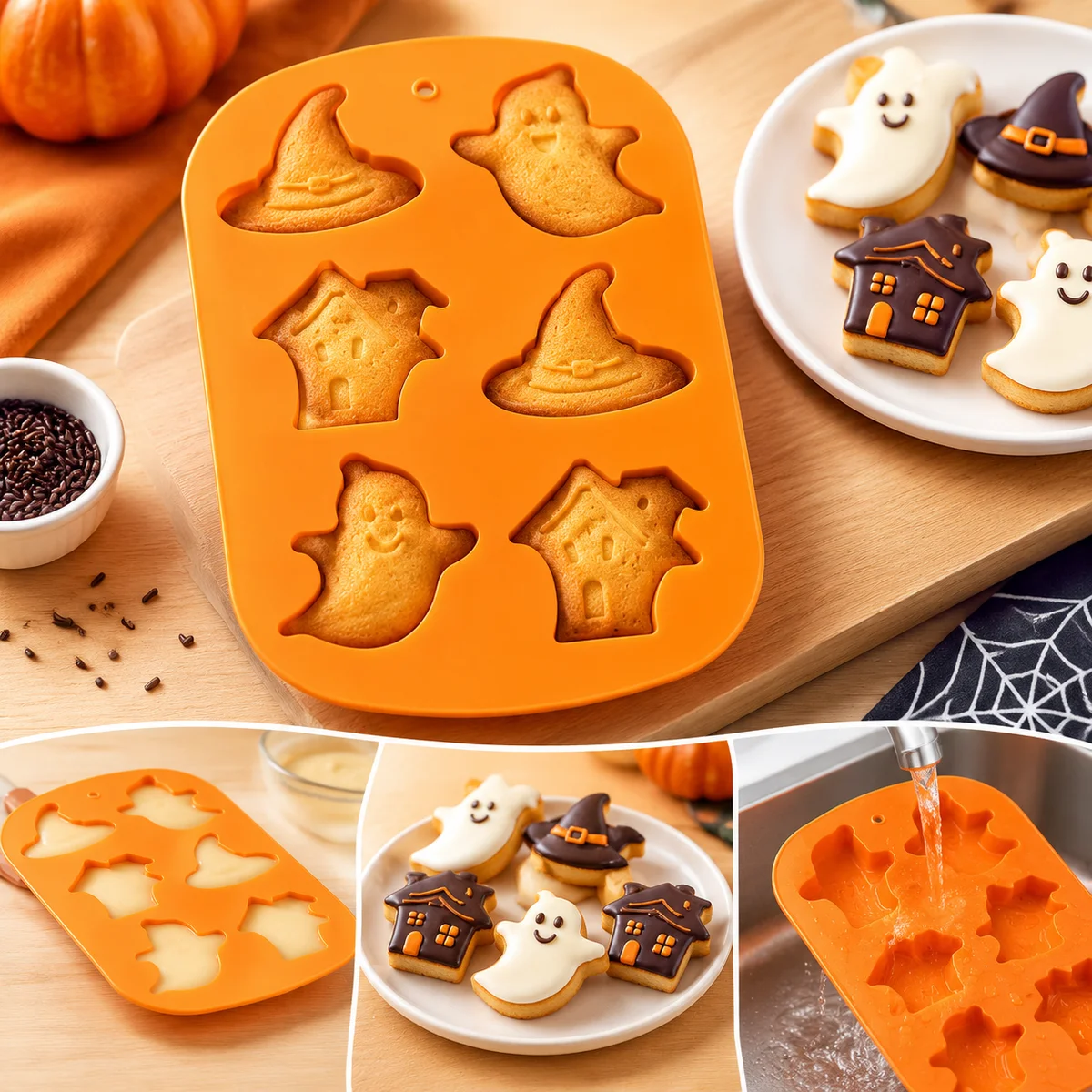 6-Cavity Halloween Silicone Mold Orange Ghost Witch Hat Haunted House Tray for Chocolate Jelly Cookies and Mini Cakes
