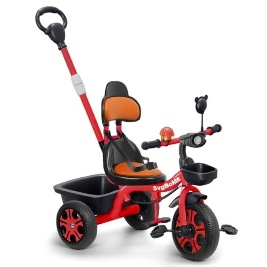 Triciclo 2 en 1 para niños pequeños con manillar ajustable para empujar, campana, espejo, molino de viento, cinturón flotante, luces musicales y 3 ruedas