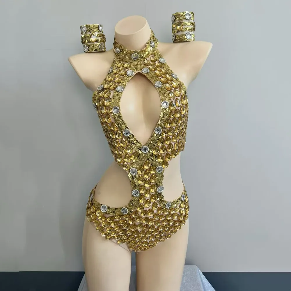 Bar Nightclub Women Sexy Dance Costume Party Gold Rhinestones Sequins Cut Out Bodysuit DJ Dancer Singer Performance Stage Wear