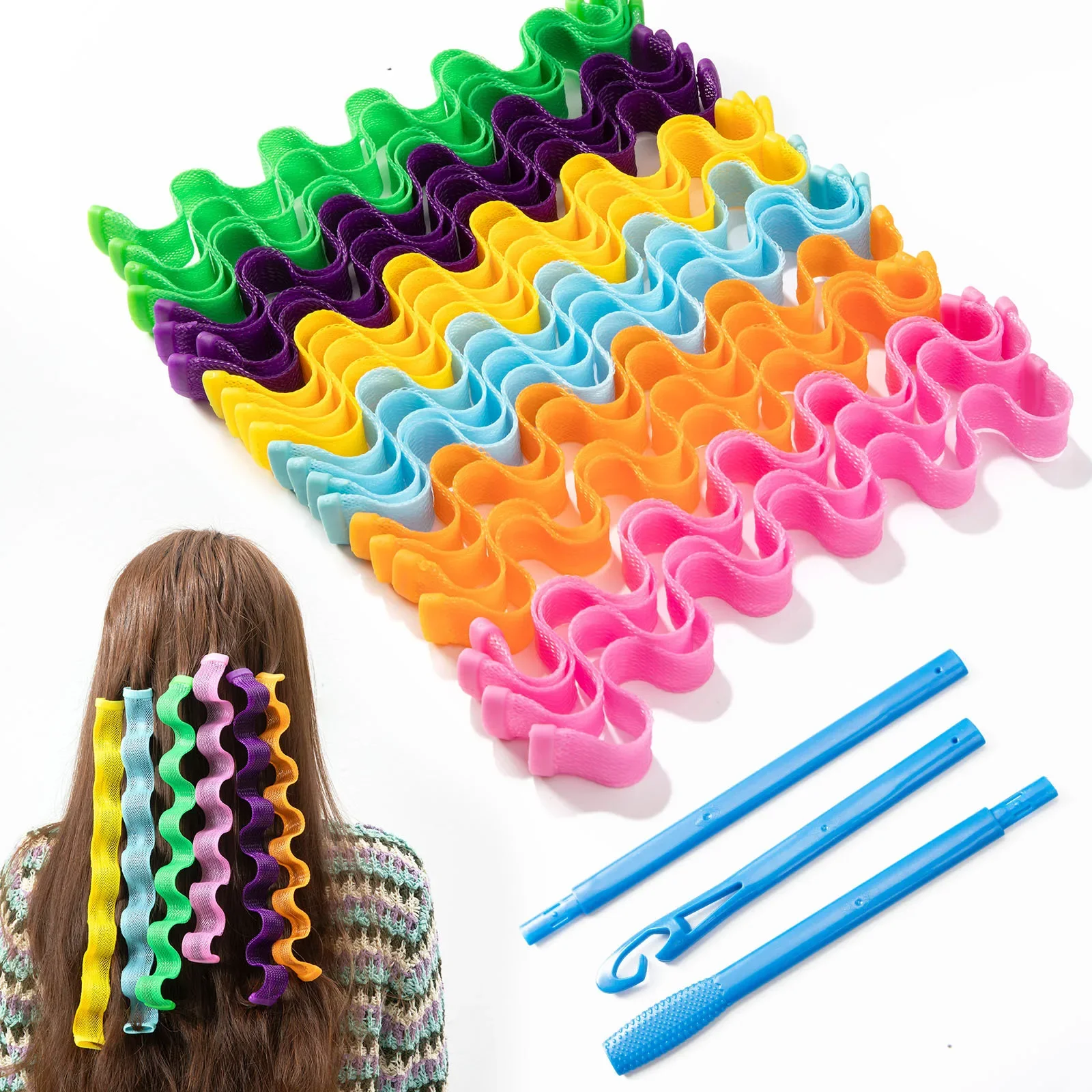 

24Pcs Set Water Ripple Curlers 45cm 6 Colors Woven Mesh Spiral Coil DIY Curly Hair Tools For Women