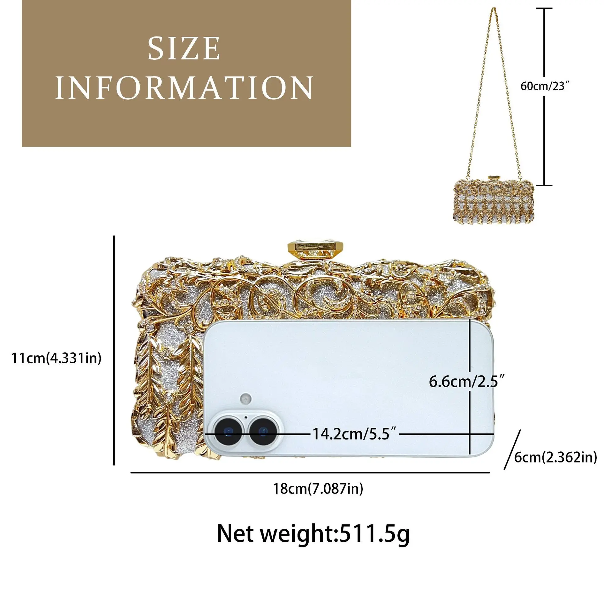 Silver Glitter Base Gold Leaf Hollow Rhinestone Clutch Women Elegant Cocktail Party Evening Handbag Trendy Glitter Material Tote