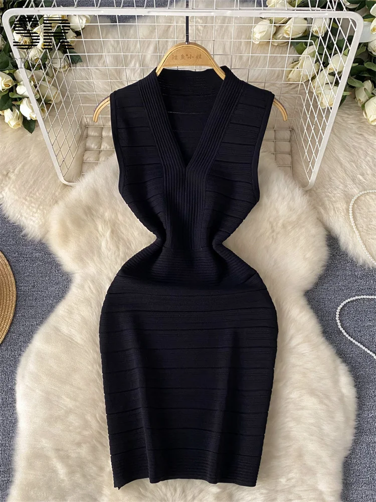 SINGREINY Bodycon Basic Knitting Dress Women Sleeveless V Neck Tank Ladies Elastic Waist Temperament Solid Streetwear Dress