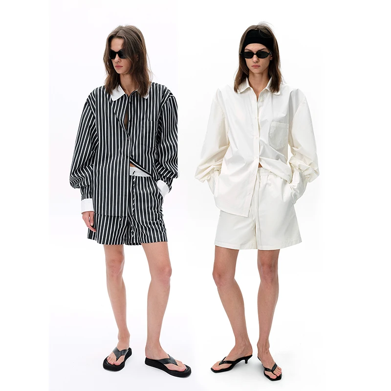 

Loala Office Loose Fit irt Set with Collar Long Sve Pure Cotton Women's Summer Faion Original Design Striped Pattern