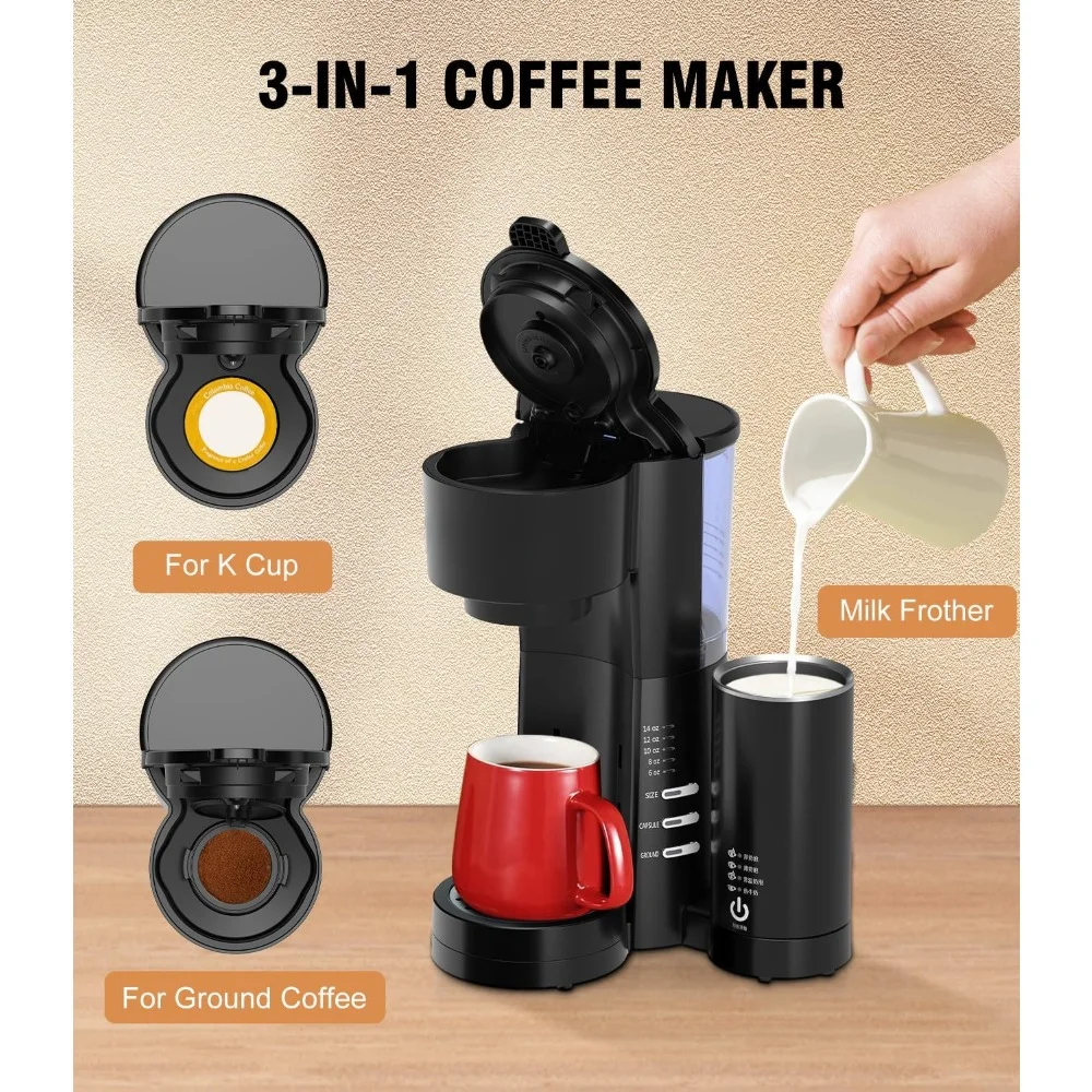 Single Serve Coffee Maker for K Cup & Ground Coffees with Milk Frother, 6 To 14 Oz Brew Sizes, Auto-Off Coffee Machine