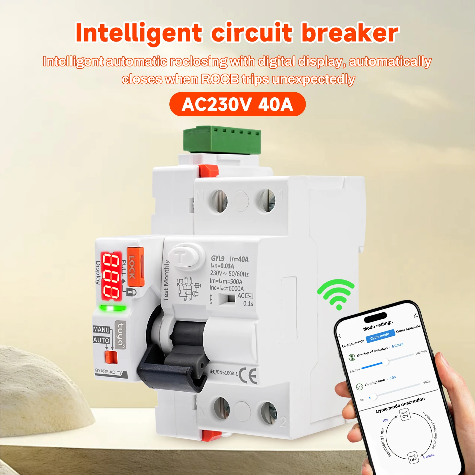 

GYAR9-AC-TY+GYL9 2P 40A RCCB Automatic Reclosing Device Circuit Breaker AC Type Circuit Breaker Restart Device Circuit Breaker