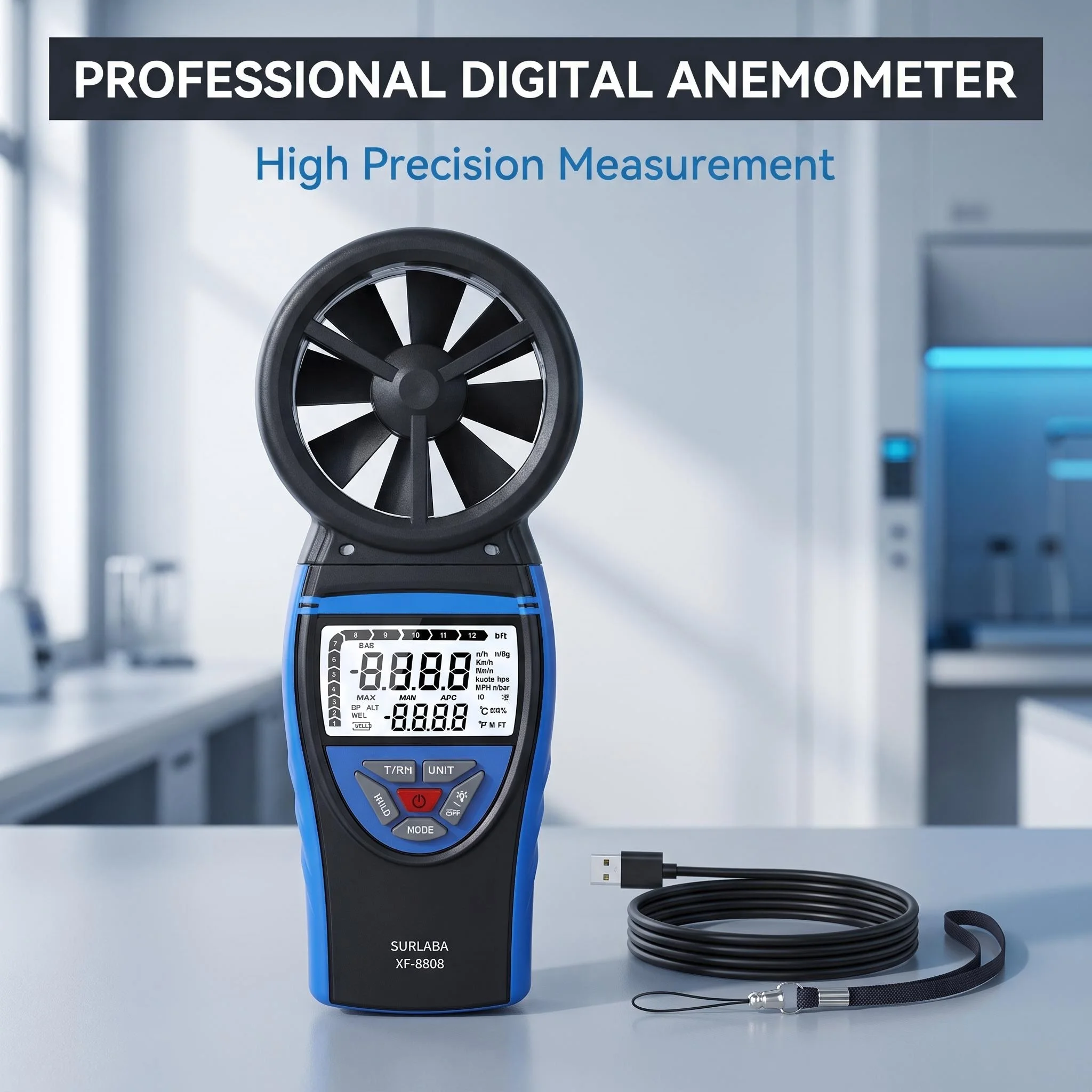 HoldPeak 8808 8-Blade Anemometer Temp Humidity Wind Speed Meter Backlight Flashlight Rechargeable MAX/MIN/AVG for HVAC