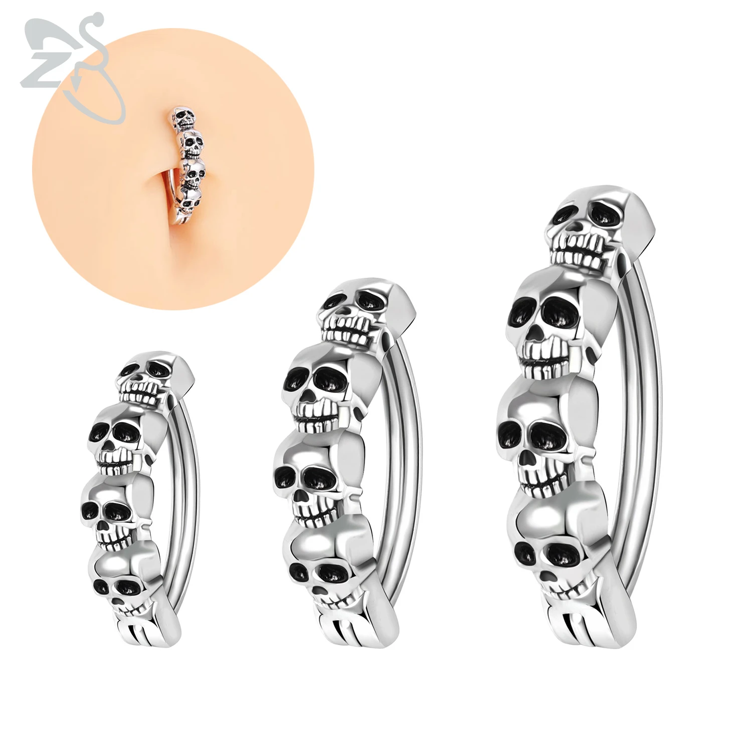 ZS 1 Piece 14&16G Punk Skull 925 Sterling Silver Belly Ring Clicker Skeleton Reverse Curved Navel Barbell Body Jewelry 8/10/12MM