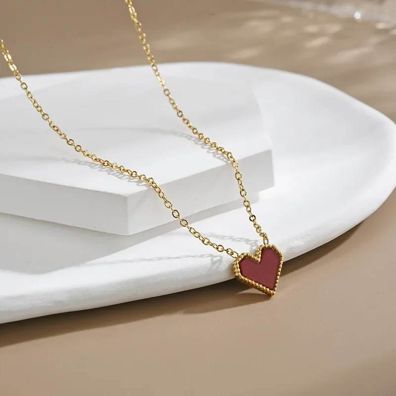 Fashion Women Jewelry Red Heart Shape Pendant Beads Edge Stainless Steel Gold Color O Chain Necklace for Party Gifts