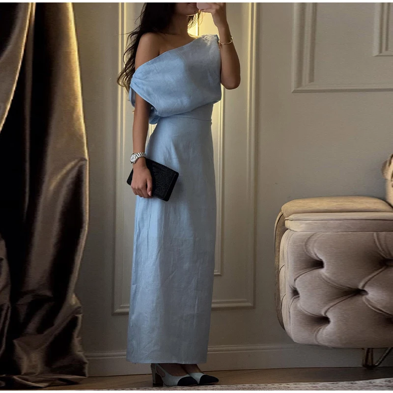 One Shoulder Women Dress Solid Color Waist Cinched Long Dress Sleeveless Backless Slim Fit Elegant Draped Stylish Party Wear