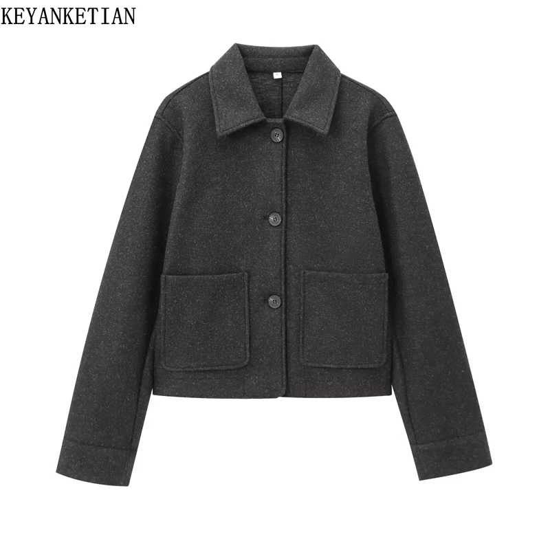 KEYANKETIAN Winter Nieuwe vrouwen Effen kleur Zachte Wollen Jas Unisex stijl Kraagvorm Enkele Breasted Schede Cropped Jas