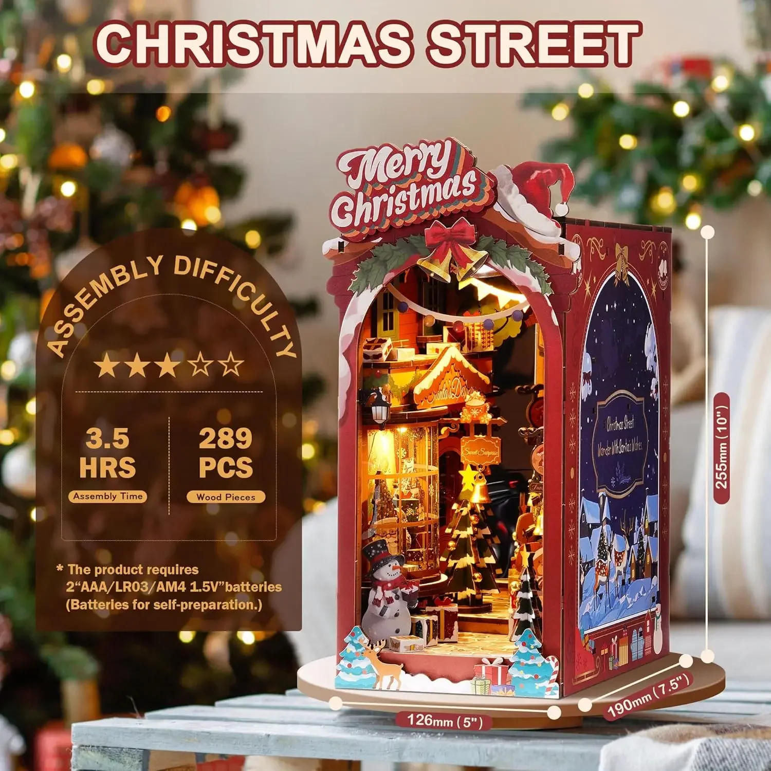 Book Nook Kit DIY Miniature Dolls House Kit 3D Wooden Puzzle Decoration Gift with LED Lights Christmas Street and House