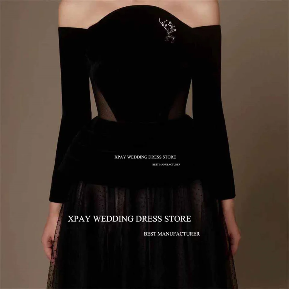 XPAY Black A Line Velvet Dotted Tulle Evening Party Dresses Off the Shoulder Long Sleeves Ankle Length Prom Gowns Event