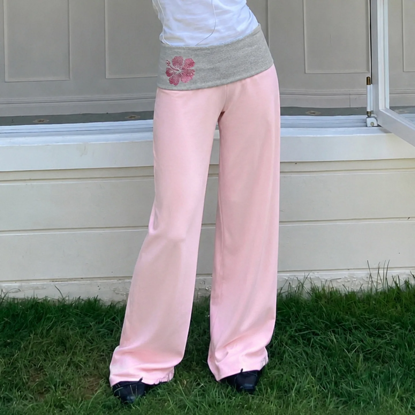 Women Y2K Contrast Fold Over Waist Flare Leggings Low Rise Wide Leg Stretch Yoga Pants Casual Loungewear Streetwear Trousers