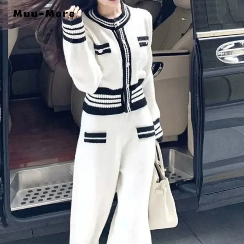

Fashion Casual Striped Two-piece Set Women Long Sleeve Sweater + White Trousers Sets 2024 Winter Chic Office Lady Pants Suits