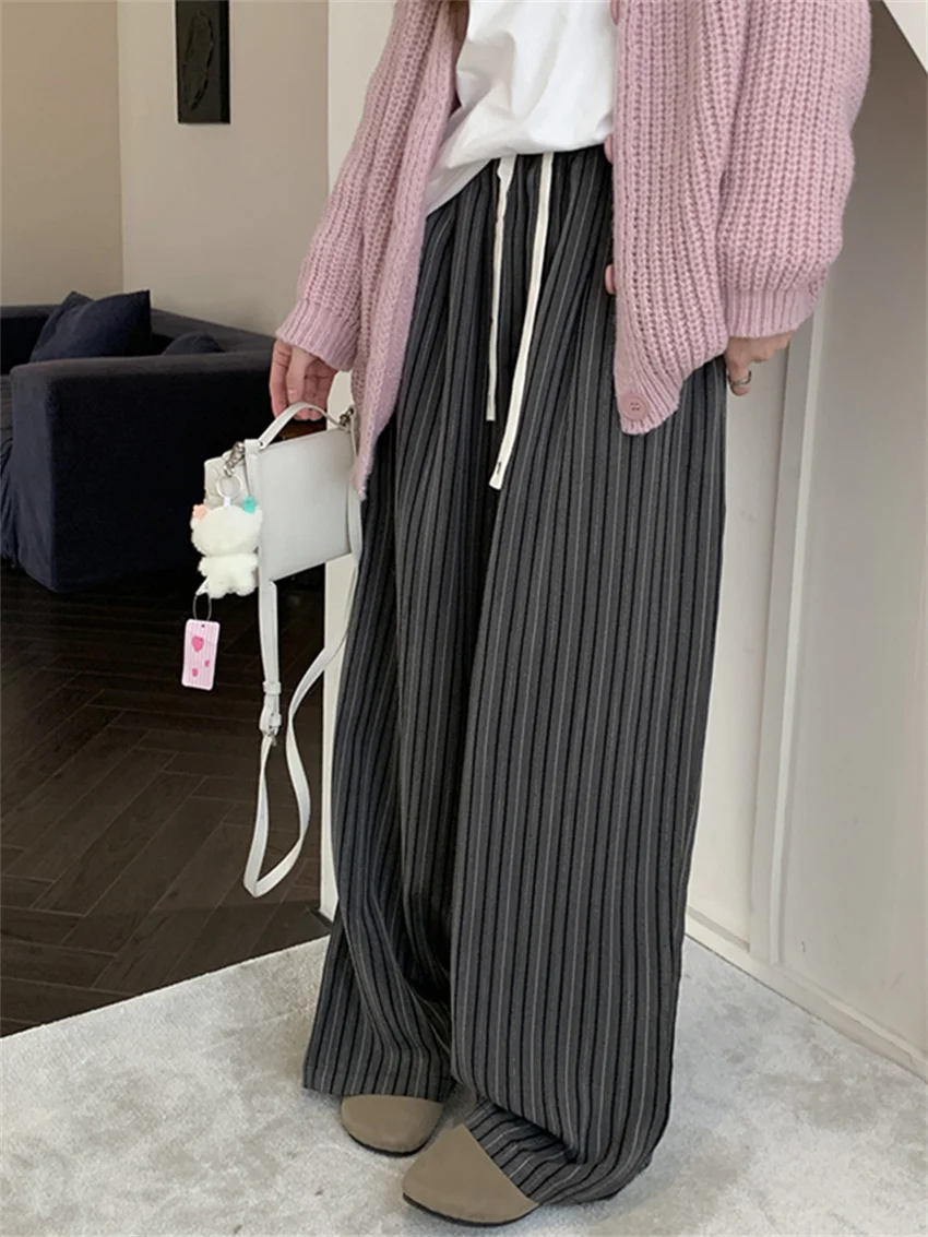 

Alien Kitty Winter Stripes Mopping Trousers Women Chic Loose Wide Leg Daily All Match Minimalist Office Lady Streetwear Pants