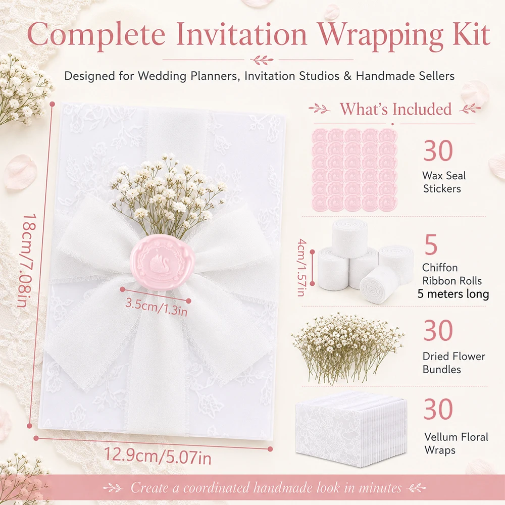 Baby Breath Dried - 30 Sets florales Pergament-Hochzeitseinladungs-Set, Schwan-Wachssiegel-Aufkleber, Fransen-Chiffonband,