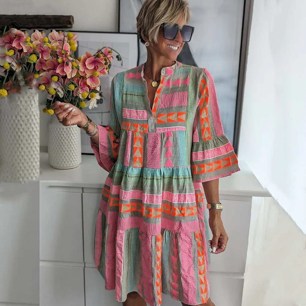 Vestidos Czeska krótka spódniczka z plisami i dekoltem w szpic, odpowiednia dla kobiet, seksowna mini spódniczka z nadrukiem w stylu vintage, luźna i swobodna