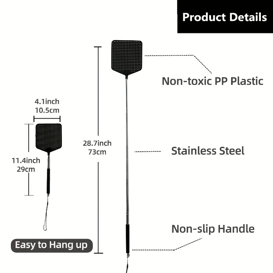 Telescopic Fly Swatter with Durable Plastic & Stainless Steel Handle, Hanging Design for Indoor Outdoor Classroom Use